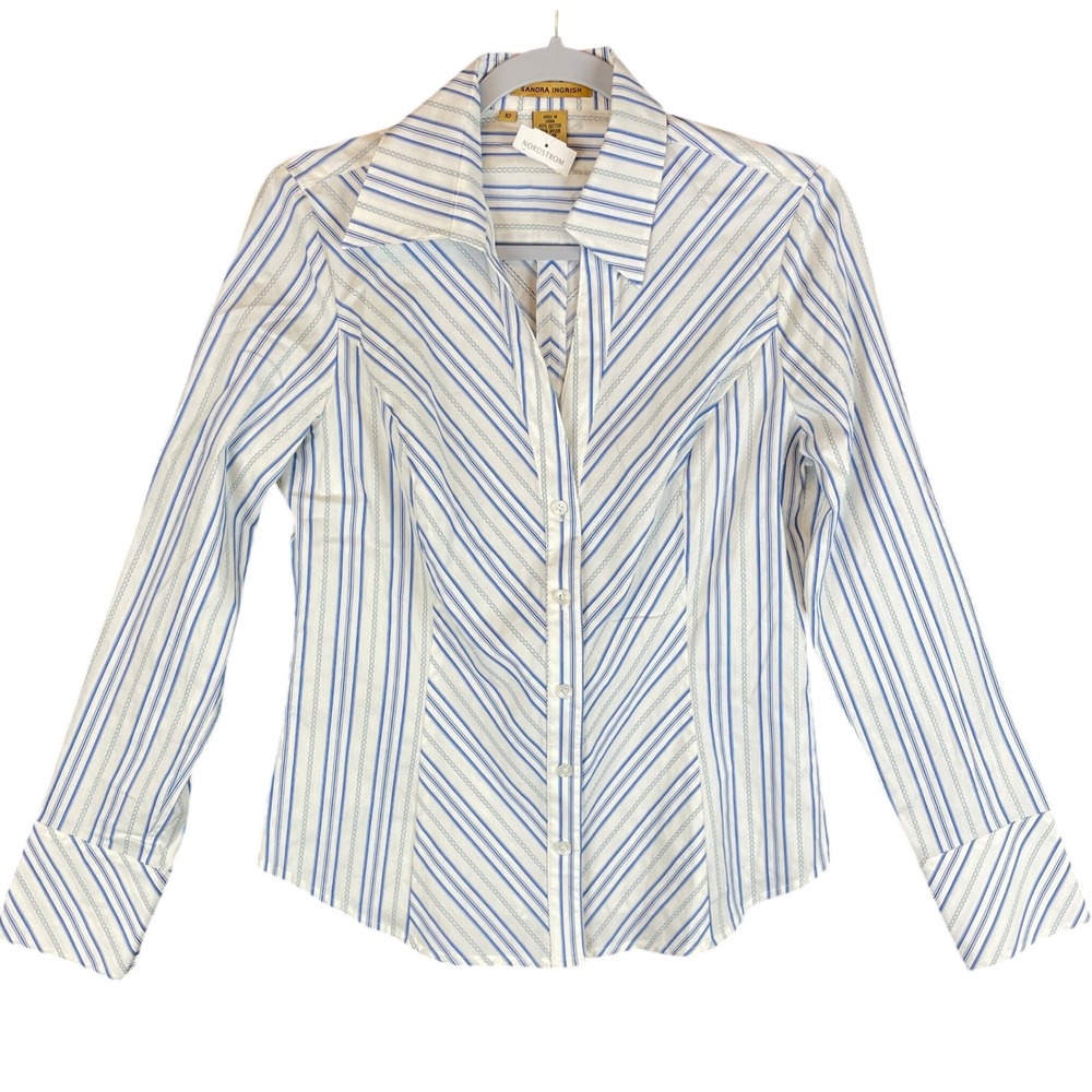 Sandra Ingrish Womens Blue White Striped Button Down Shirt Style 505-10 Size‎ 10